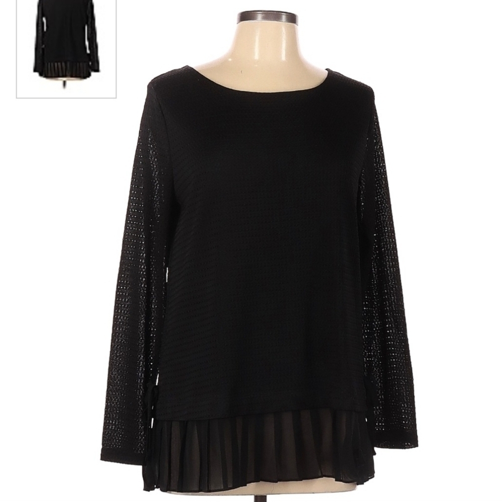 LC LAUREN CONRAD Black Pleated Chiffon Trim Top Blouse Side Bows Women's Large L